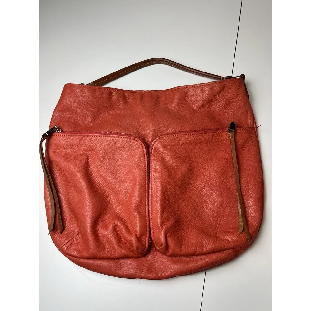 Christopher Kon Leather Slouch Purse Salmon Orange Strap Outside Zip Pockets